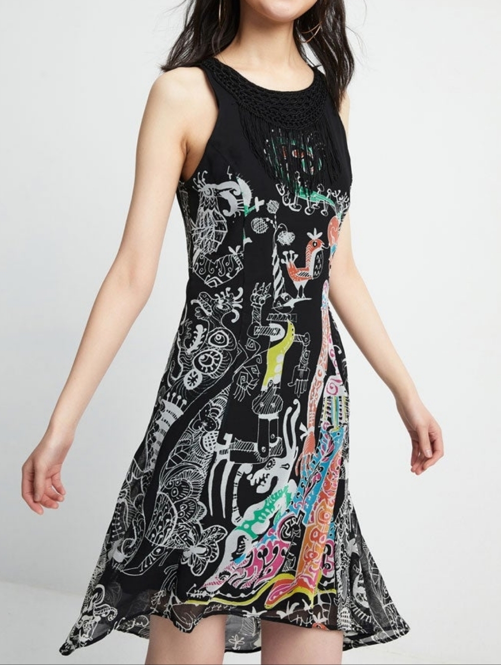 Desigual by Christian Lacroix Genova Fringe Midi Dress Size 38 Black Art to Wear